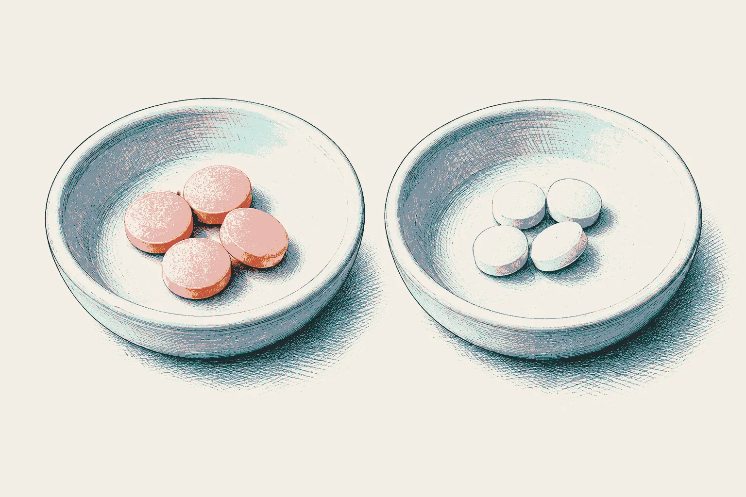 Illustration: two dishes side by side, one with pale pink tablets and one with small white tablets.