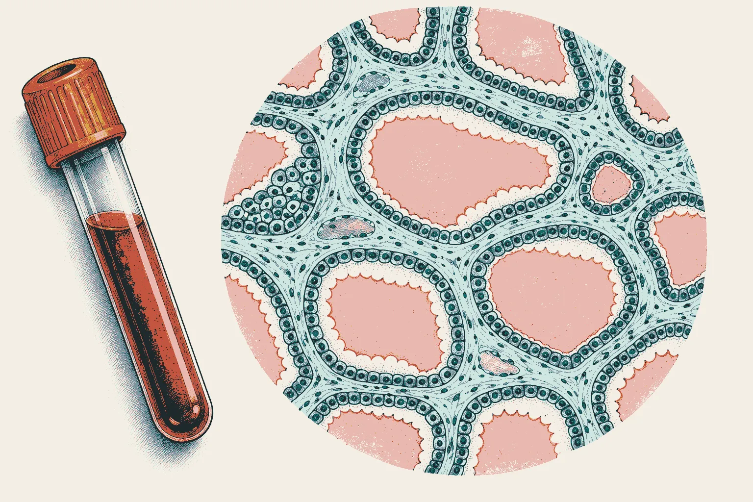 Illustration: thyroid follicles seen through a microscope, beside a blood collection tube.